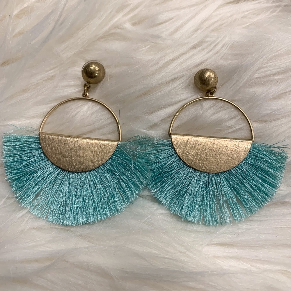 Design Lab Turquoise Silk Fringe Half Moon Gold Earrings